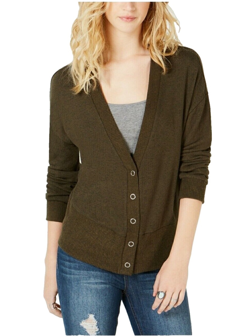 Hippie Rose Rustic Olive Snap Front Cardigan Sweater Medium